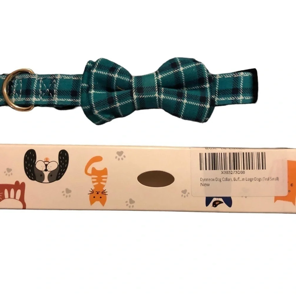 Dynmeow Dog Collar Small/Med Size Teal Plaid W/Bow 14-17” NIB Adjistable